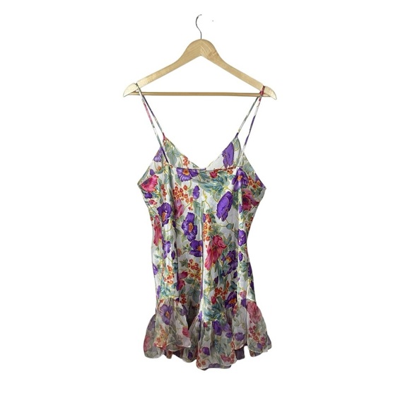 VINTAGE Satin Floral Ruffle Mini Slip Dress in White/Pink/Purple OS - Picture 8 of 8
